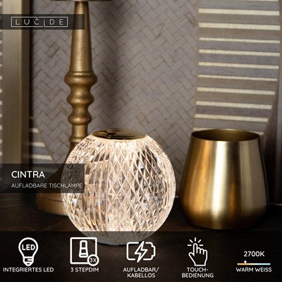 Lucide CINTRA - wiederaufladbare Tischlampe - Akku/Batterie - Ø 9 cm - LED 3 StepDim - 1x1,5W 2700K - Transparent